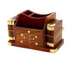 StonKraft Wooden Stationery Desk Organiser, Coasters Set, Pen Stand, Business Card Holder With Brass Work (Office Table Accessories), Gold - Image 5