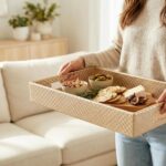 Encasa XO Faux Leather Serving Tray with Handles | Rectangular Coffee Table & Bedside Organizer Tray | Water Resistant, Wipeable Decorative Tray for Home & Office | Large (28x40 cm), Light Gold - Image 7