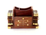 StonKraft Wooden Stationery Desk Organiser, Coasters Set, Pen Stand, Business Card Holder With Brass Work (Office Table Accessories), Gold - Image 7