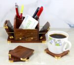 StonKraft Wooden Stationery Desk Organiser, Coasters Set, Pen Stand, Business Card Holder With Brass Work (Office Table Accessories), Gold - Image 8