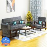 Wooden 5 Seater Sofa Set - 3+1+1, for Living Room, Drawing Room, Office & Lounge | Solid Sheesham Wood, Fabric (Brown) - Image 4