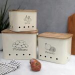 THE DECOR HOME'S Potato,Onion,Garlic Containers Kitchen Storage(Set of 3) (White/Lid), Wood;Metal