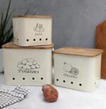 THE DECOR HOME'S Potato,Onion,Garlic Containers Kitchen Storage(Set of 3) (White/Lid), Wood;Metal