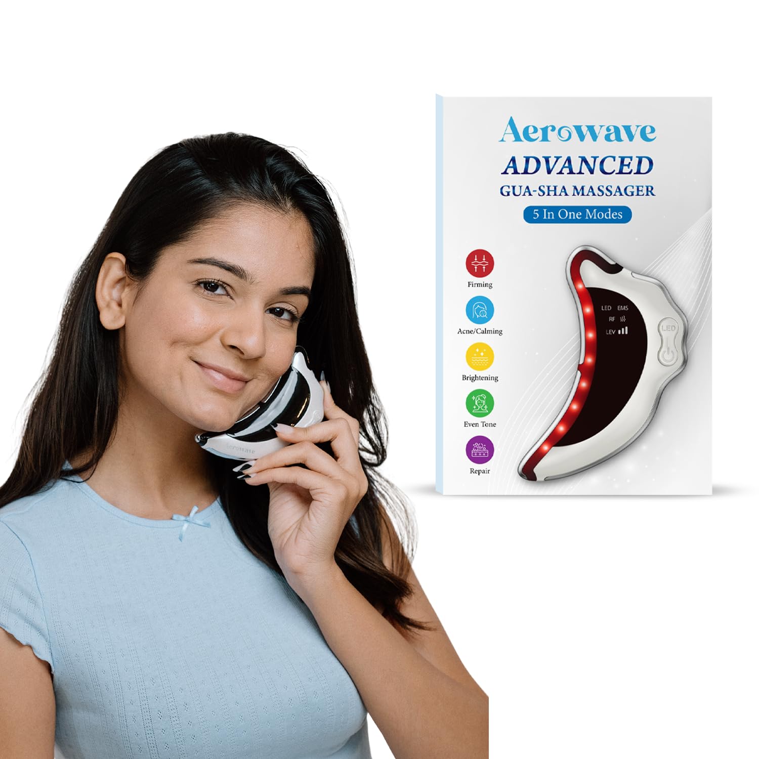 aero Aerowave Advanced Electric Gua Sha Massager for Face | EMS Microcurrent, Red Light Therapy & Radio Frequency | 5 LED Light Therapies with Sonic Pulsation | Supports Lymphatic Drainage, Acne Control, Facial Toning & Anti-Aging Care - Image 1