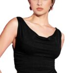 Istyle Can Women's Solid/Plain Asymmetric Hem Stretchable Draped Crop Top. Sleeveless, Single Shoulder, Off Shoulder, Cowl Neck, Crop Length