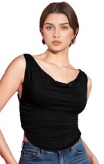 Istyle Can Women's Solid/Plain Asymmetric Hem Stretchable Draped Crop Top. Sleeveless, Single Shoulder, Off Shoulder, Cowl Neck, Crop Length