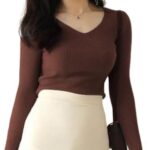 Casual Full Sleeve V Neck Ribbed Top for Girls – Comfortable Lycra Knitted Top