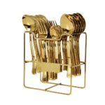 Premium Stainless Steel, 25-Piece Cutlery Set for Kitchen & Table (6 Dessert Spoons, 6 Dessert Forks, 6 Tea Spoons, 6 Soup Spoons, 1 Storage Stand) (25, Gold)