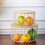 Set of 2 Nested Wire Wooden Lid Baskets Round Shape Trays Grey Finish For Storage Fruit Vegetable Kitchen Pantry Organizer Rust Free Resistant Metal