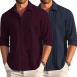 DEELMO Combo of Men's Casual Button Down Shirts Long Sleeve Linen Shirt Fashion Textured Summer Shirts Pack of 2