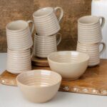 The Earth Store Sage Creamy Ceramic Bowls Set of 2 & Tea Cup Set of 6 Microwave & Dishwasher Safe Bowls for Serving Soup, Salad, Snacks, Pasta | Snack Bowl 400ML, Tea Cups 220ML (Color May Vary)