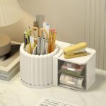 Rotating Pen Holder 360° Rotatable Multifunctional Desk Organizer Space-Saving Pen Stand for Office Home School White Compact Stationery Holder for Pens Pencils Scissors and Desk Supplies