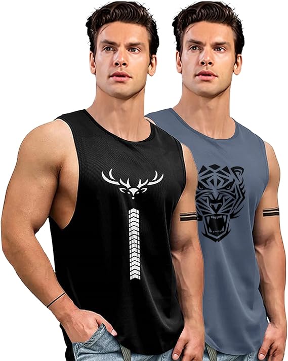 grey AUSK Men Vest || Gym Tshirt for Men || Karma Printed Sleeveless Regular Fit T Shirt for Mens - Image 1