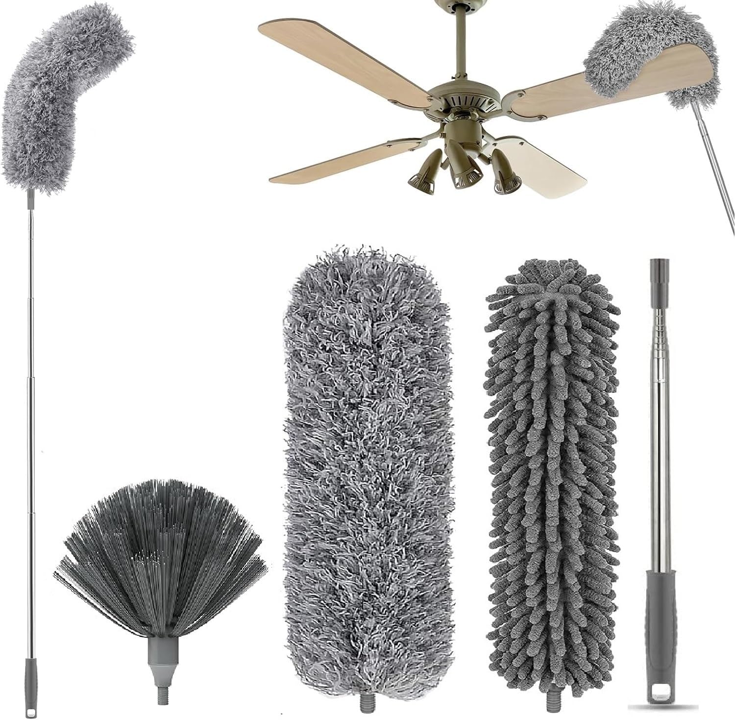 halls Hallstatt 3 In 1 Long Handle Microfiber Feather Ceiling Duster With Extendable Pole 30-100 Inch With Anti Scratch Bendable Head For Cleaning High Cobweb Stick High Ceiling Fan - Stainless Steel,Grey - Image 1
