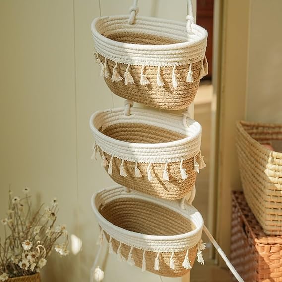 hanging Hanging Storage Baskets with Tassels, 3-Tier Cotton Rope Organizer, Natural and White, Wall Mounted - Image 1