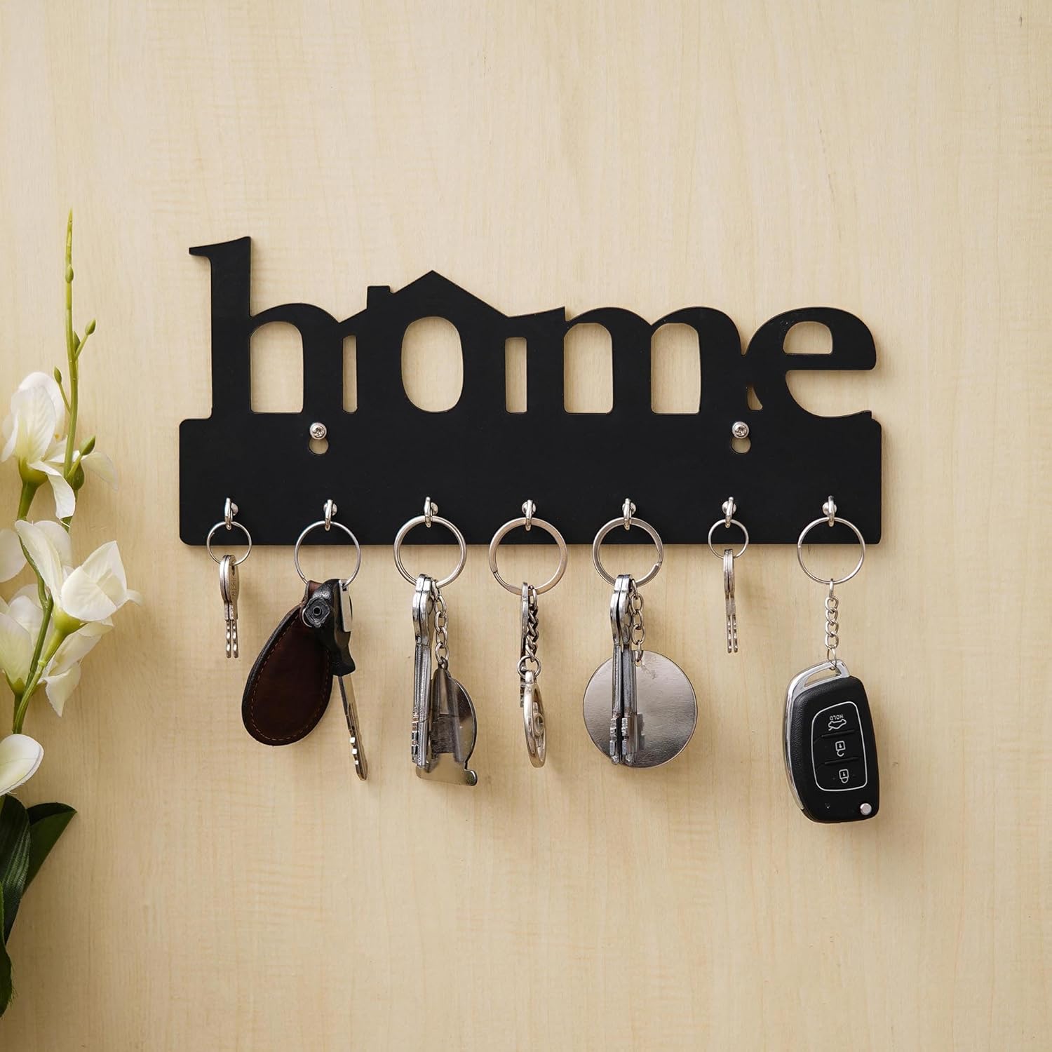 home Webelkart Premium Home Keys Wooden Key Holder (29 cm x 13.5 cm x 0.4 cm, Wood) 7 Hook - Decorative Items for Home Decor (Black) - Image 1