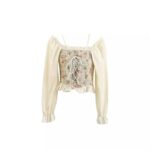 ICW Women Korean Retro Style Vintage Floral Jacquard Lace-Up Off-The-Shoulder Smock Puff Sleeve Ruffled Crop Blouse Corset Top Dn81 (One Size XS-S) 2403