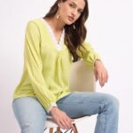 SheWill Thread Embroide Georgette Shirt Style Top with Button-Down Front, Colla Neckline, and Long Sleeves for a Chic and Elegant Everyday Look
