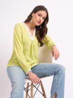 SheWill Thread Embroide Georgette Shirt Style Top with Button-Down Front, Colla Neckline, and Long Sleeves for a Chic and Elegant Everyday Look