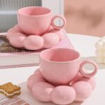 Ceramic Sunflower Bloom Cup and Saucer Set Microwave Safe Coffee Mug for Home and Kitchen Dining - 350ml Capacity (Pink)