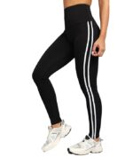 Rock Paper Scissors Premium Two White Strip Gym Tights High-Waisted, Sweat-Wicking, Athletic Fit Gym Tights for Working Out, Pilates,Yoga, Fitness & Training