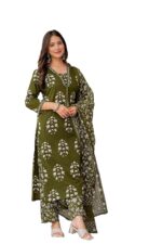 PARTHVI Women's Pure Cotton Printed Straight Kurta Set with Palazzo Pants & Dupatta- Ethnic Wear, Green