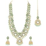 Peora Gold Plated Crystal Kundan & Beads Studded Long Necklace Earrings Maangtikka Set Ethnic Jewellery for Women