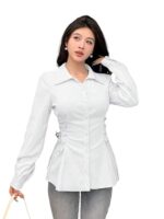 Woman's Polyester Shirt with Waist Tie Full Sleeves Regular Fit Collared Neck Solid Pattern and Mid Thigh Length