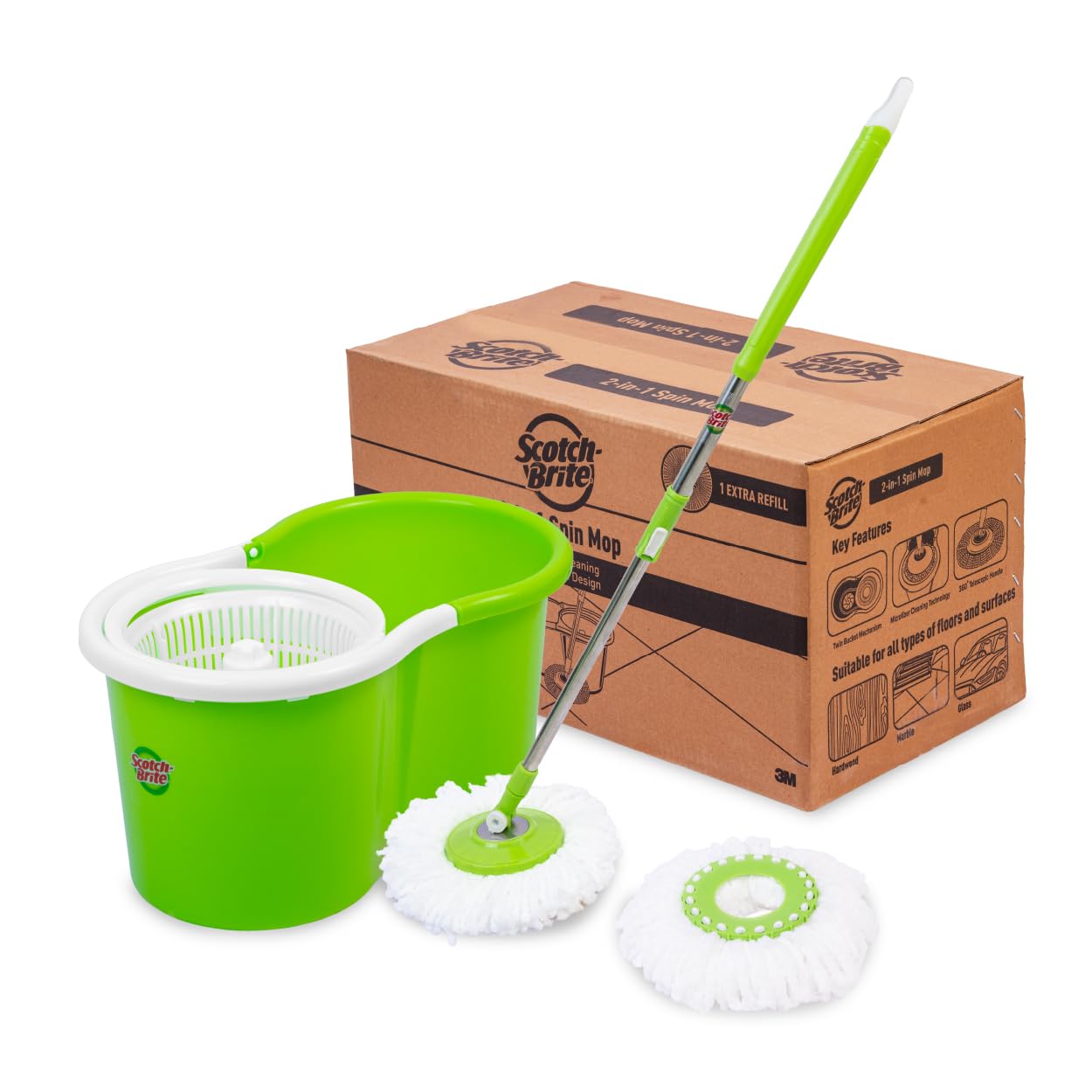 scot Scotch-Brite Twin Bucket Spin Mop with Easy Wring & Rinse System, 360° Adjustable Handle, High Absorbency Microfiber for Deep Cleaning on All Floor Types, 1 Extra Refill (Green) - Image 1