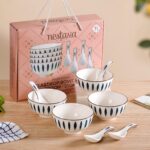 Nestasia Set of 4 Soup Bowl with Spoon (350ml Each) - Ceramic Microwave & Dishwasher Safe Bowls for Serving Soup, Curry, Custard, & Dessert | Teardrop Design Bowl Set Perfect for Gifting & Daily Use