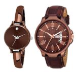 Shocknshop Leather Analogue Unisex Couple Combo Watch For Men & Women (Brown Dial & Colored Strap) -W246-236Br, Brown Band