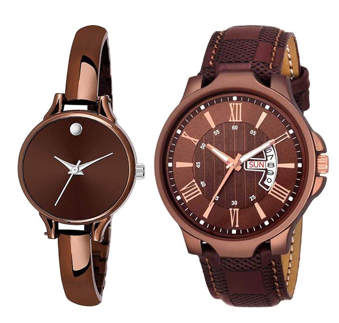shock Shocknshop Leather Analogue Unisex Couple Combo Watch For Men & Women (Brown Dial & Colored Strap) -W246-236Br, Brown Band - Image 1