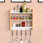 Modern Kitchen Wall Shelf with Hooks, 3-Tier White and Beech Wood Storage Rack, 55 x 50 cm, Utensil Organizer with Spice Jar Display (white- beech)