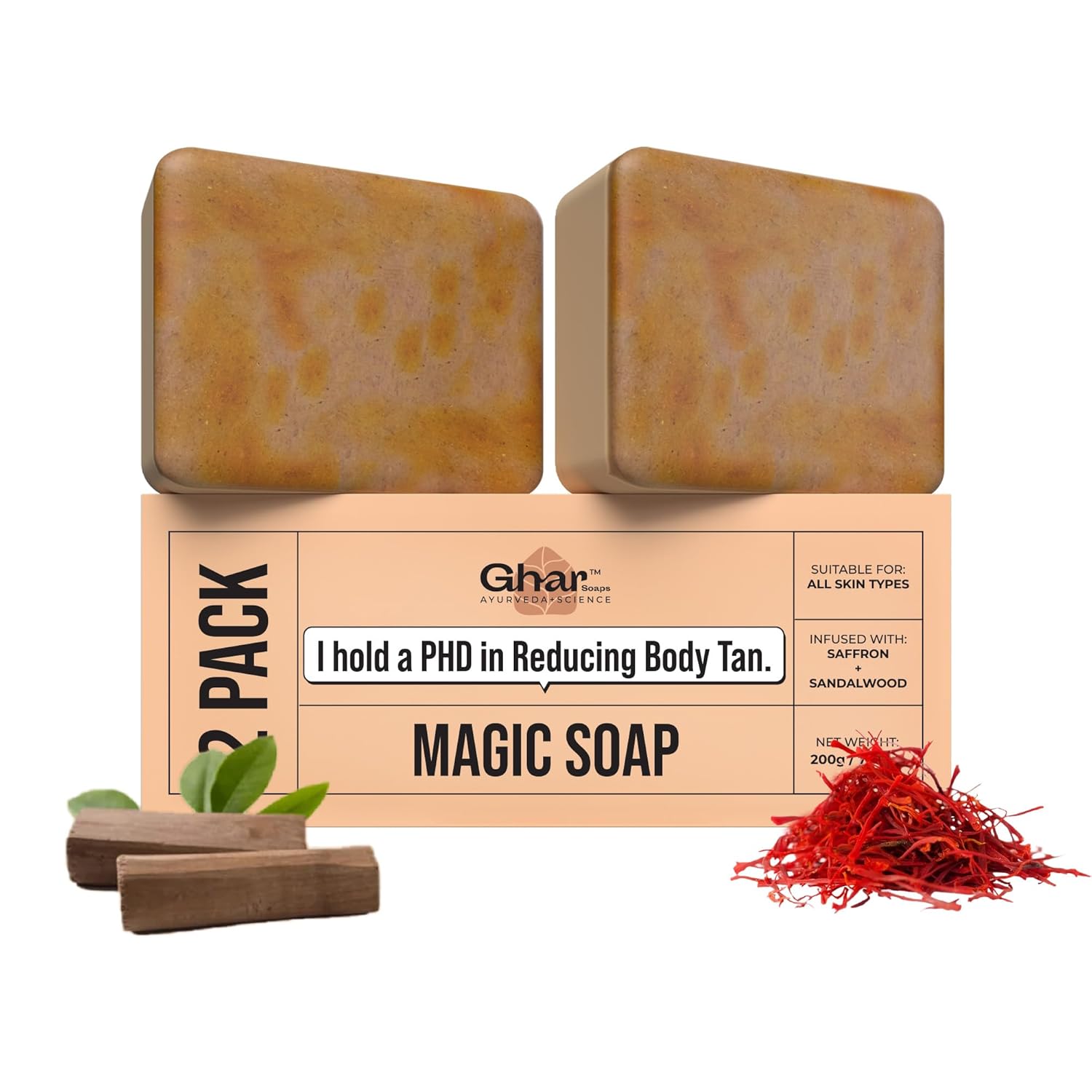 sopas Ghar Soaps Sandalwood & Saffron Magic Soaps For Bath (100 Gms Pack Of 2) | Paraben Free | Chandan & Kesar Bath Soap | Handmade Soaps For Glowing | Skin Brightening Soap For Men & Women - Image 1