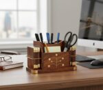StonKraft Wooden Stationery Desk Organiser, Coasters Set, Pen Stand, Business Card Holder With Brass Work (Office Table Accessories), Gold