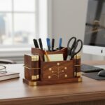 StonKraft Wooden Stationery Desk Organiser, Coasters Set, Pen Stand, Business Card Holder With Brass Work (Office Table Accessories), Gold