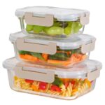 Nestasia Nestro Transparent Glass Containers with Lid Set of 3 (S-370ml, M-600ml, L-1000ml) | Rectangle Glass Food Storage Containers for Kitchen | Microwave, Dishwasher & Freezer Safe (Beige)