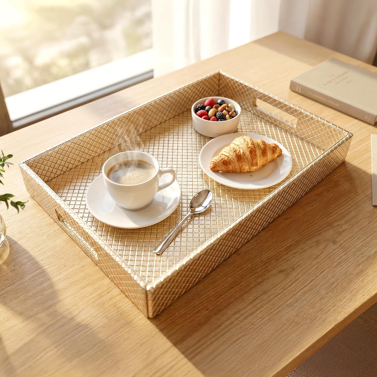 tray Encasa XO Faux Leather Serving Tray with Handles | Rectangular Coffee Table & Bedside Organizer Tray | Water Resistant, Wipeable Decorative Tray for Home & Office | Large (28x40 cm), Light Gold - Image 1