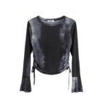 ICW Women French Retro Knitted Long Sleeves Round Neck Mesh Tie-Dye Printed Crop Top T-Shirt 301