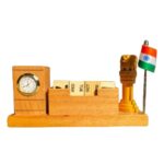 Wooden Pen Stand with Calendar Clock, Pillar Design Indian Flag Desk Organizer, Elegant Office Decor Gift for Professionals, Home Study Daily Utility Trending Desktop Accessory