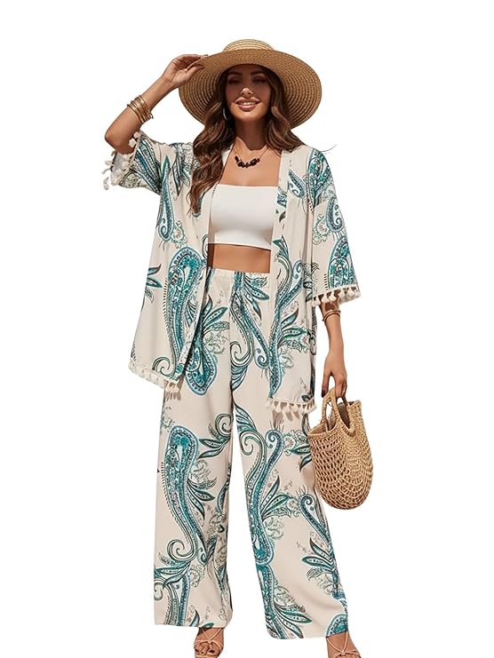 2set Leriya Fashion Co Ord Set for Women Stylish | Summer Travel Co-Ord Set Short Sleeve Shirt & Wide-Leg Pant | Paisley Printed Stylish Casual Outfit for Summer Cord for Women | Dress for Woman - Image 1