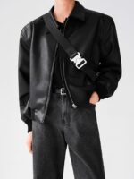 Men's Black Faux Leather Bomber Jacket With Front Zip Closure For Casual Or Semi Formal Look - Image 4