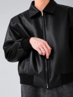 Men's Black Faux Leather Bomber Jacket With Front Zip Closure For Casual Or Semi Formal Look - Image 3