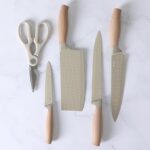 Luxury 6 in 1 Wooden Coating Knife Set Light Wood Grain Handle Anti-Rust Non-Stick Stainless Steel Sharp Edge with 4 Knifes, 1 Stand, 1 Scissor for Hotel, Travel, Meat, Fruits (Khaki) - Image 9