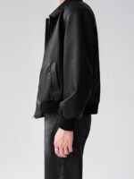 Men's Black Faux Leather Bomber Jacket With Front Zip Closure For Casual Or Semi Formal Look - Image 2