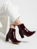 Stylish Glossy Zipper Block Heel Boots For Women And Girl - Image 3