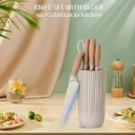 Luxury 6 in 1 Wooden Coating Knife Set Light Wood Grain Handle Anti-Rust Non-Stick Stainless Steel Sharp Edge with 4 Knifes, 1 Stand, 1 Scissor for Hotel, Travel, Meat, Fruits (Khaki) - Image 6