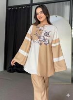 Two Tone Floral Printed A-Line Kurti with Pant Set for Women, Beige & Cream Designer Co-Ord Set - Image 2