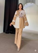 Two Tone Floral Printed A-Line Kurti with Pant Set for Women, Beige & Cream Designer Co-Ord Set - Image 4