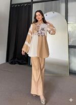 Two Tone Floral Printed A-Line Kurti with Pant Set for Women, Beige & Cream Designer Co-Ord Set - Image 3